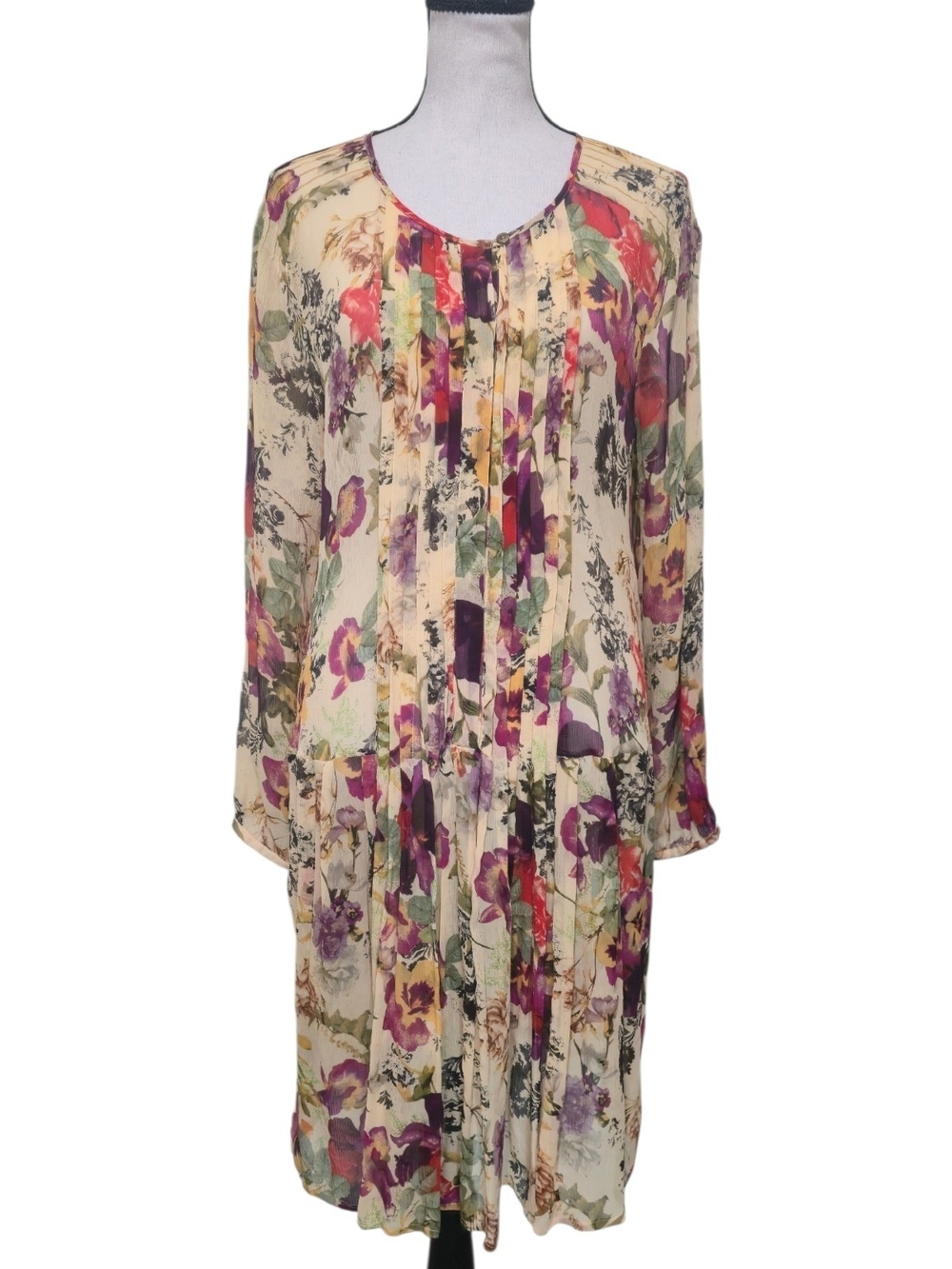 Sundance Lovely in Bloom Sheer 100% Silk Floral Dress Med Drop Waist Modest